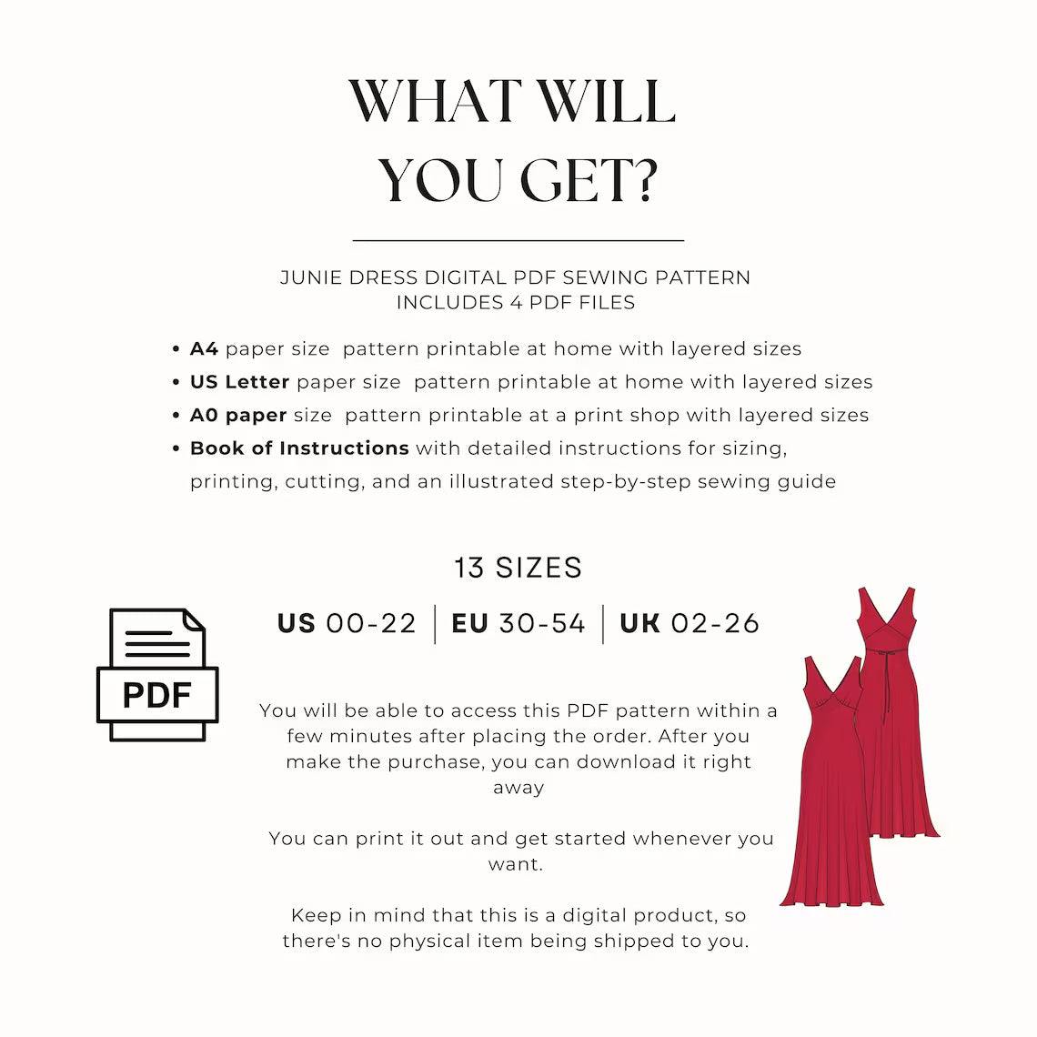 Evening Slip Dress Sewing Pattern PDF | V-Neck Bias Cut Dress US 0–22