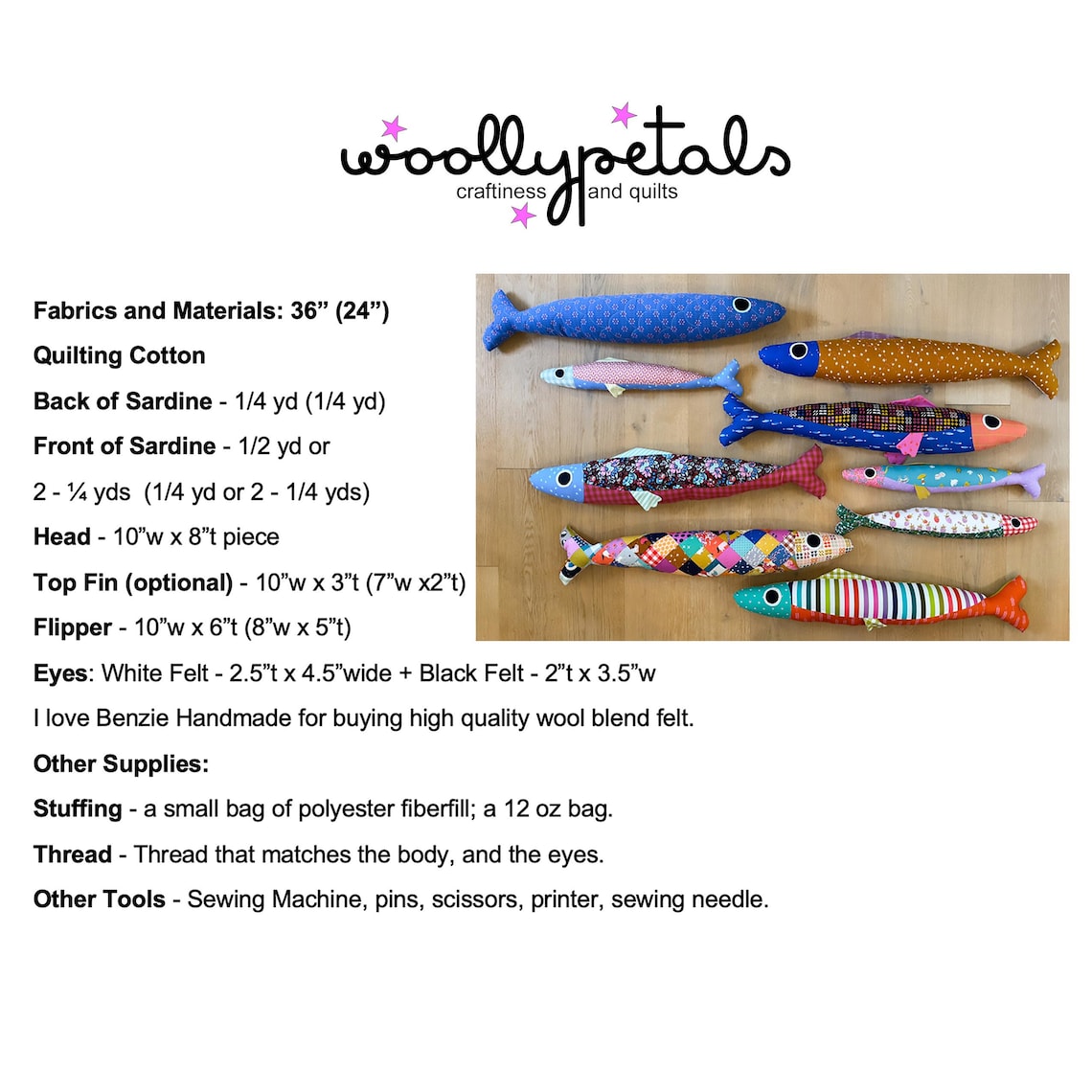 Sardine Pillow PDF Pattern by woollypetals to make 36" and 24" Sardine Pillows