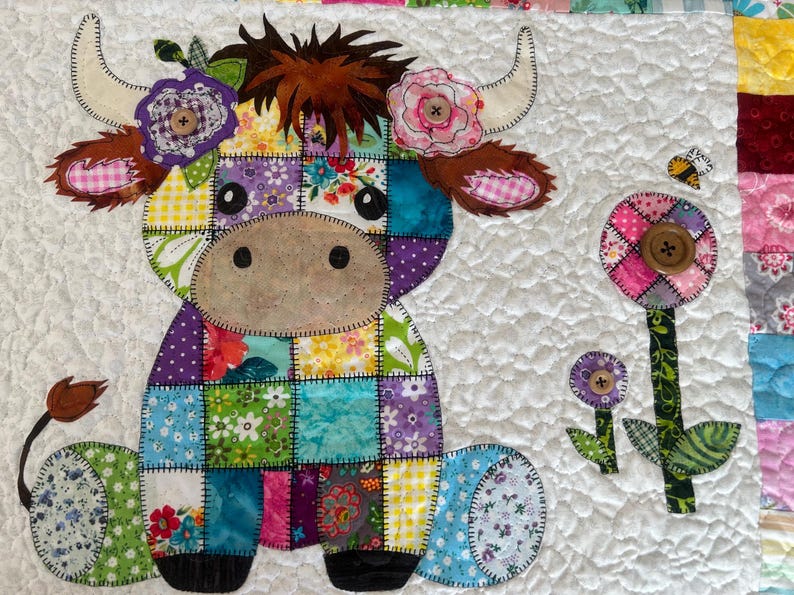 Patchwork Highland Cow Quilt Pattern: Applique Baby Blanket (PDF Download)