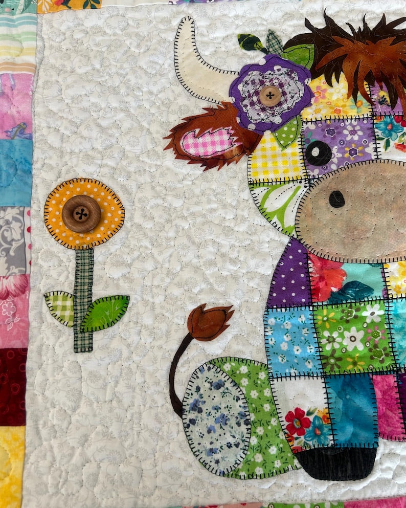 Patchwork Highland Cow Quilt Pattern: Applique Baby Blanket (PDF Download)