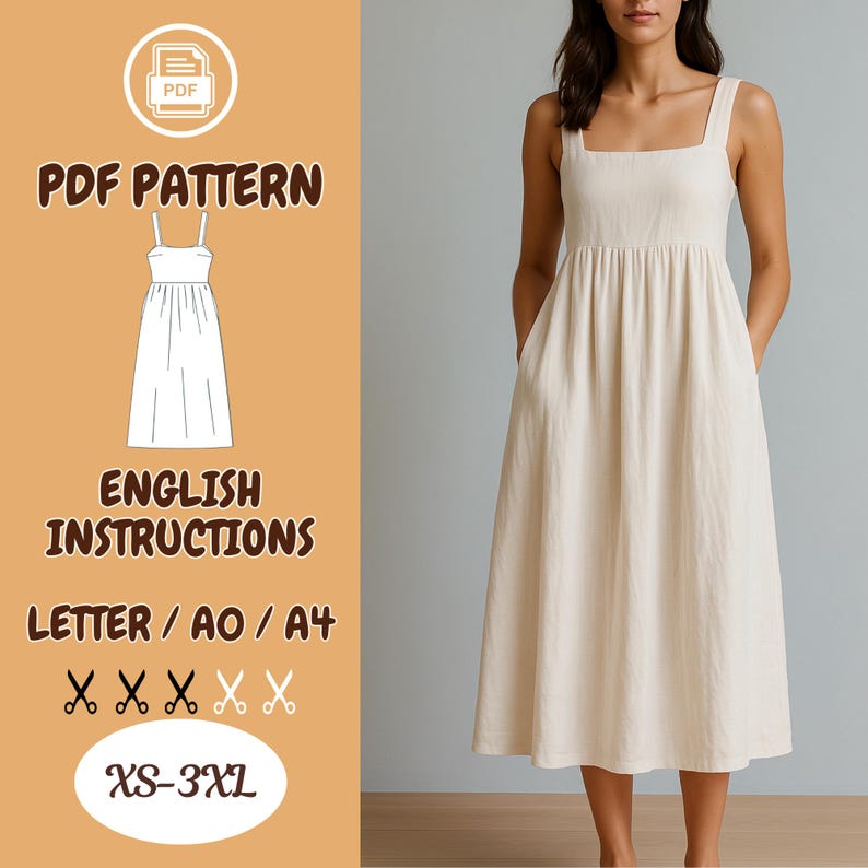 Linen Midi Dress Sewing Pattern – Square Neck Summer Dress PDF