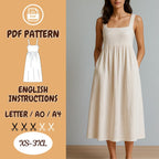 Linen Midi Dress Sewing Pattern – Square Neck Summer Dress PDF