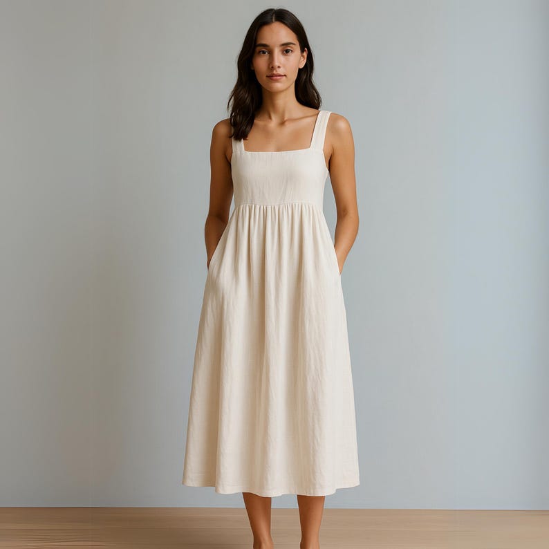 Linen Midi Dress Sewing Pattern – Square Neck Summer Dress PDF