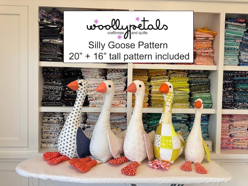 Silly Goose PDF Pattern by woollypetals to make a 20" and 16" stuffed animal goose