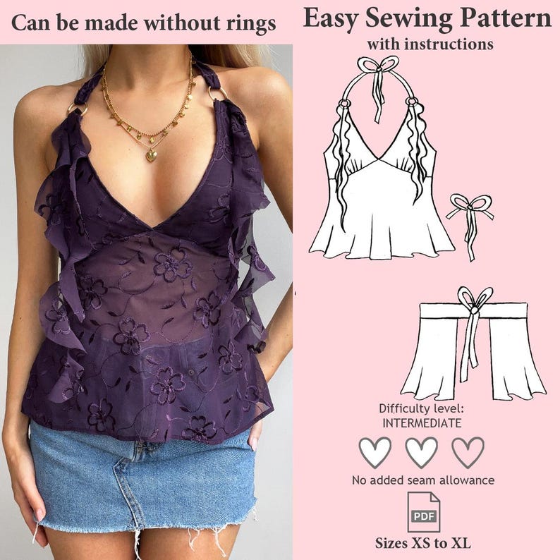 Halter Neck Babydoll Ruffle Top Sewing Pattern – Tie Back Y2K Cami Top PDF, XS–XL