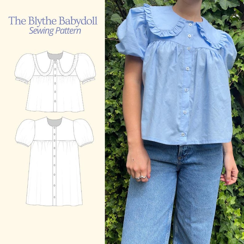 Blythe Babydoll Sewing Pattern: Collared Blouse & Dress (PDF Download, Bust 32"-46")
