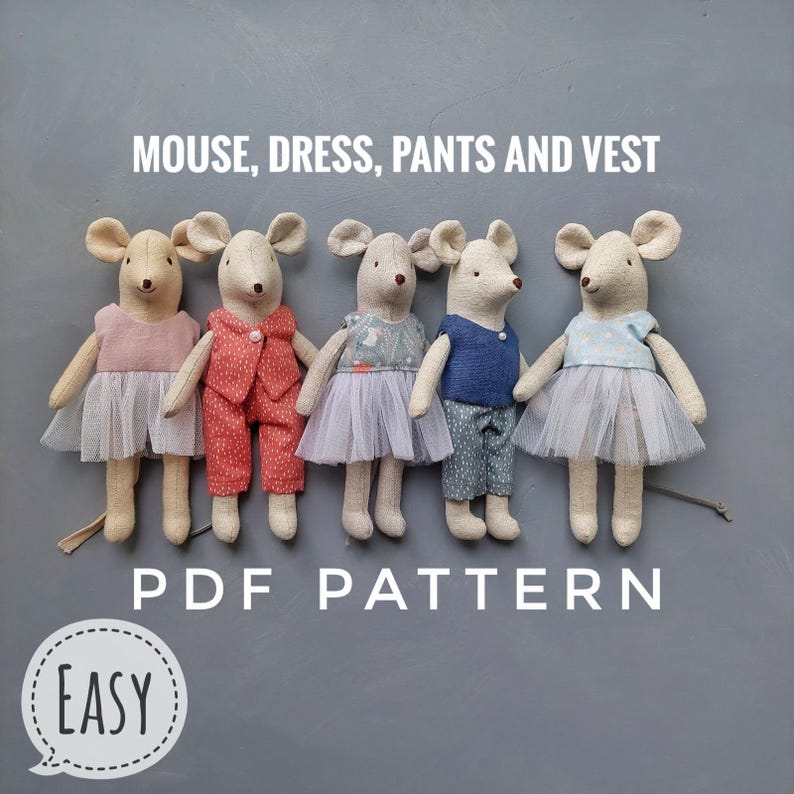 Small mouse sewing pattern: Mouse, dress, pants, vest PDF, English