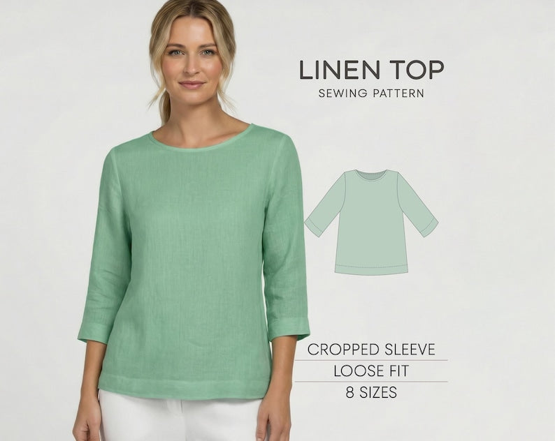 Linen Blouse Sewing Pattern – Women’s Top PDF for Woven Fabrics, Easy & Plus Size